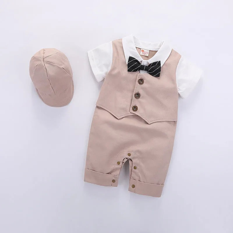 Cotton short sleeve baby romper for boys, black, with removable hood, British gentleman style