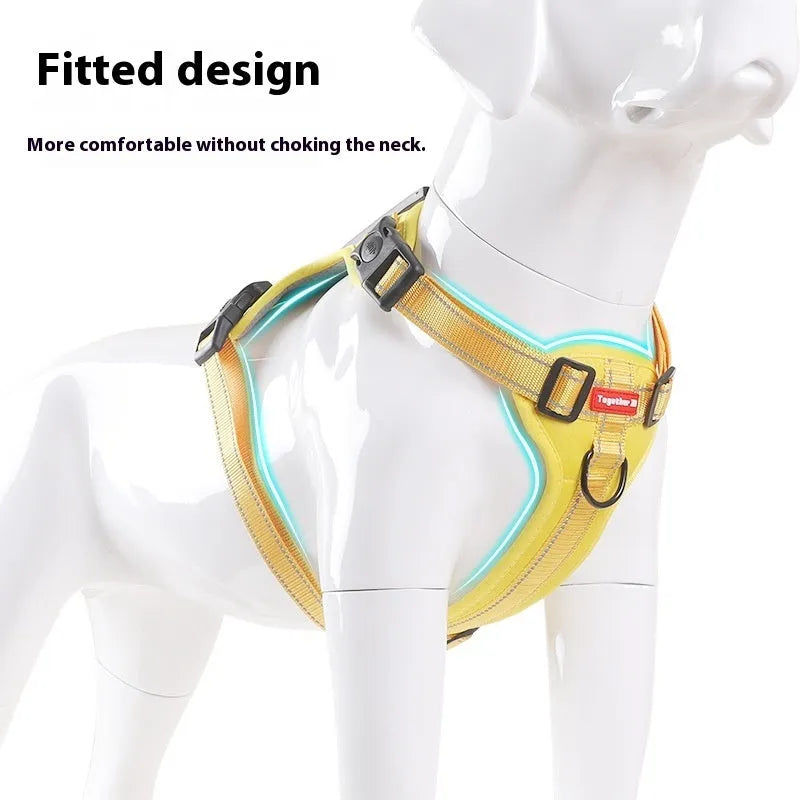Polyester dog chest harness and lead in multiple colours and sizes for secure pet walking.