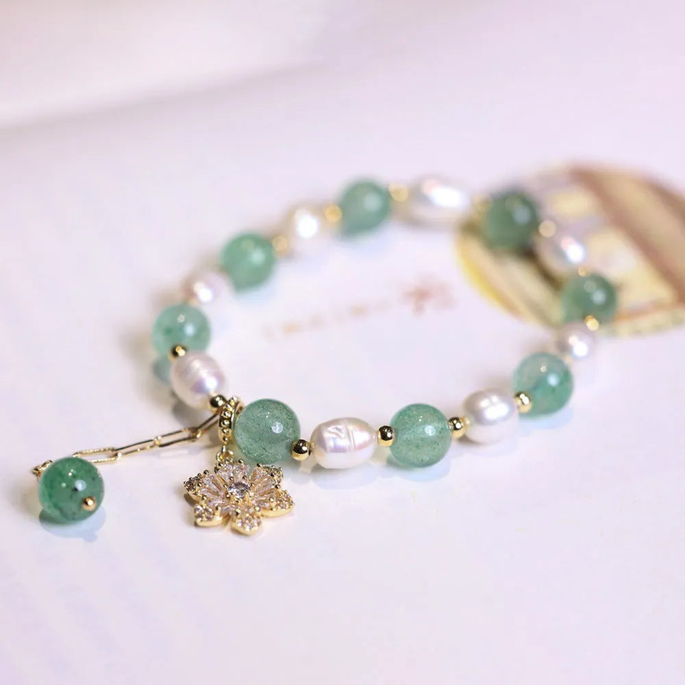 Green strawberry freshwater pearl bracelet with Chinese geometric patterns and peace buckle clasp