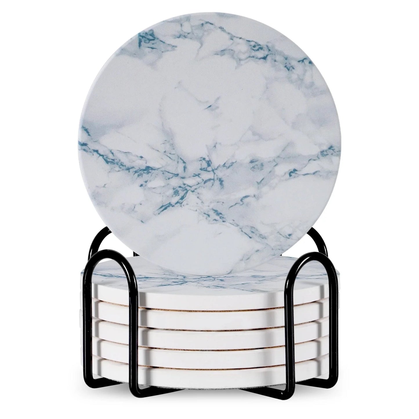 Set of 6 round ceramic coasters with metal stands and cork bases on a wooden table