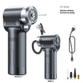 ST-5518 portable wireless air pump with LED light showing compact dimensions and included nozzle attachments