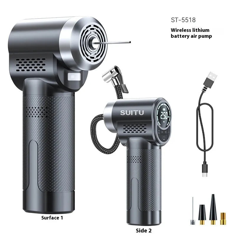 ST-5518 portable wireless air pump with LED light showing compact dimensions and included nozzle attachments
