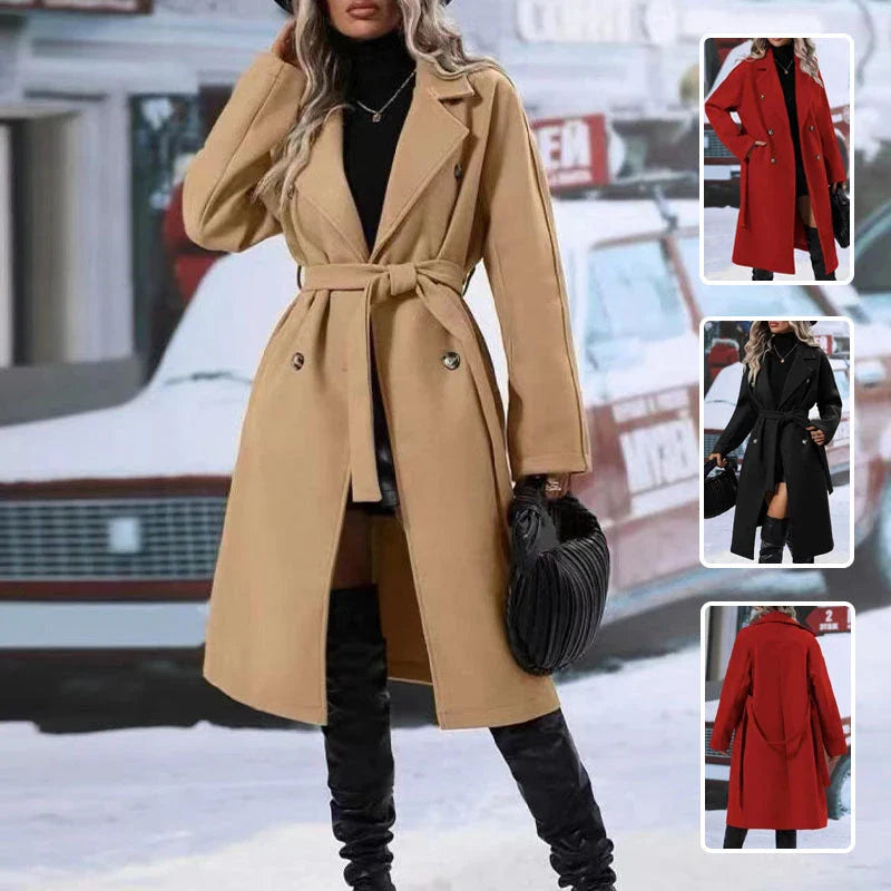 Double-breasted trench coat in red, black, and khaki colors with adjustable belt for a customized fit