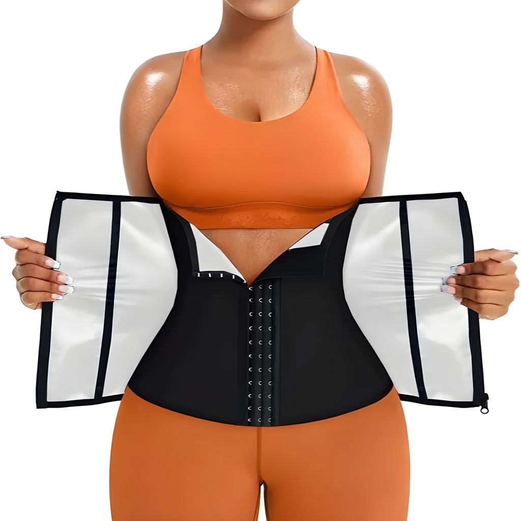 Blue and silver neoprene abdominal support belt showing adjustable waist shaping design