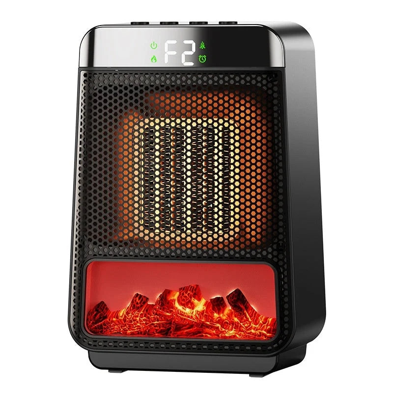 Portable 1500W PTC fan heater with 3D dynamic flame effect in black
