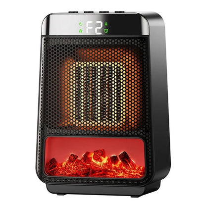 Portable 1500W PTC fan heater with 3D dynamic flame effect in black