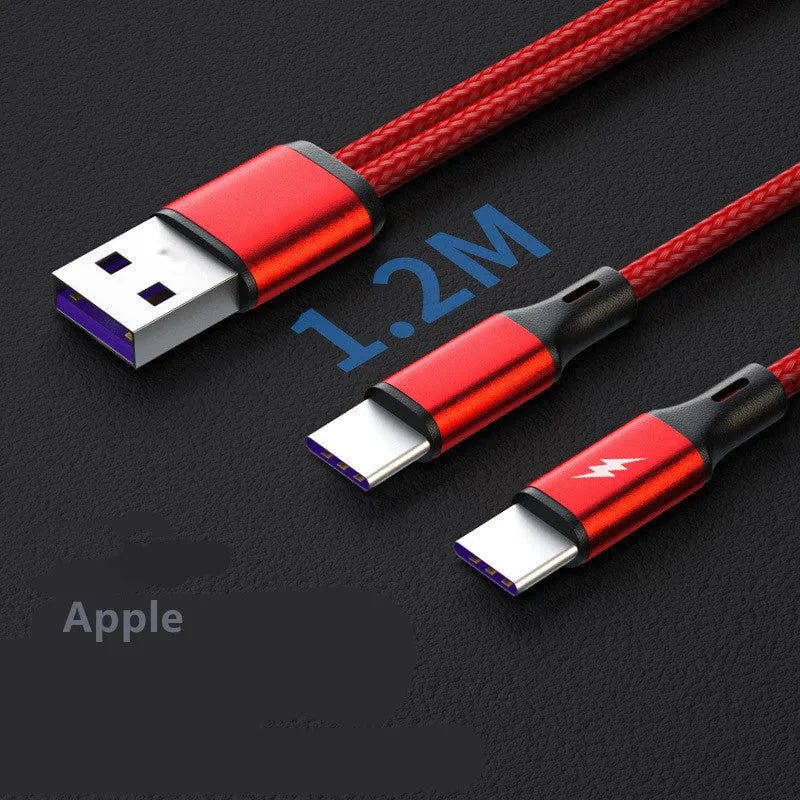 Two-in-one USB charging cable with braided sheath showing two Android connectors and aluminium alloy shell