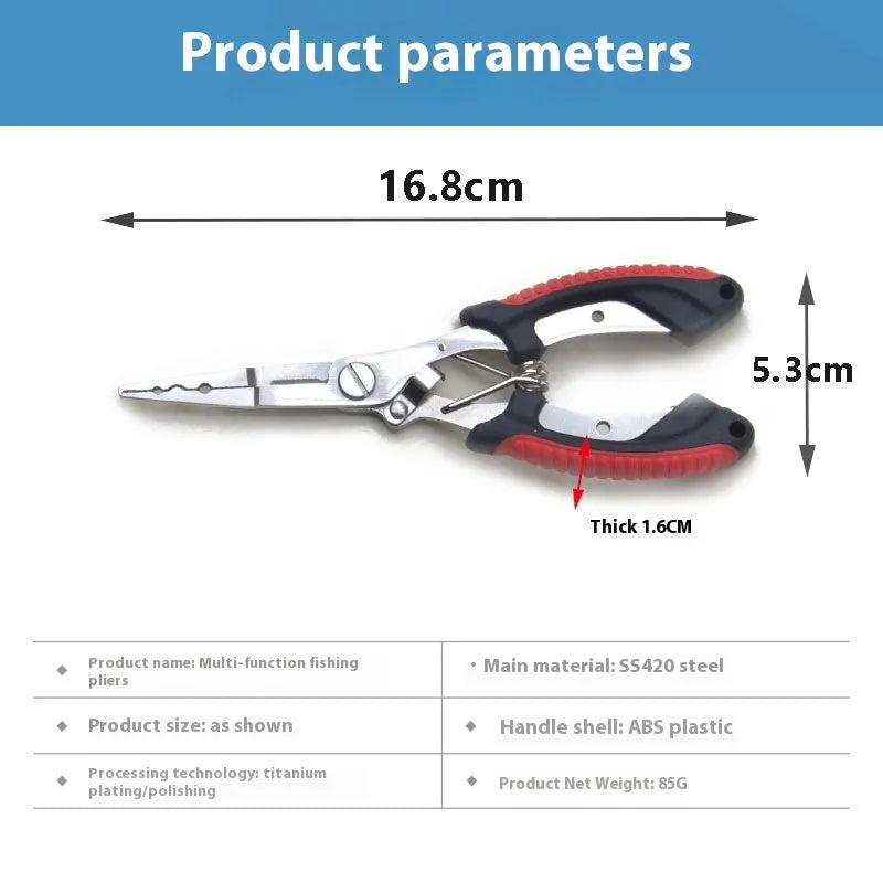 Medium straight mouth multifunctional fishing pliers with hook feature and nylon carrying strap