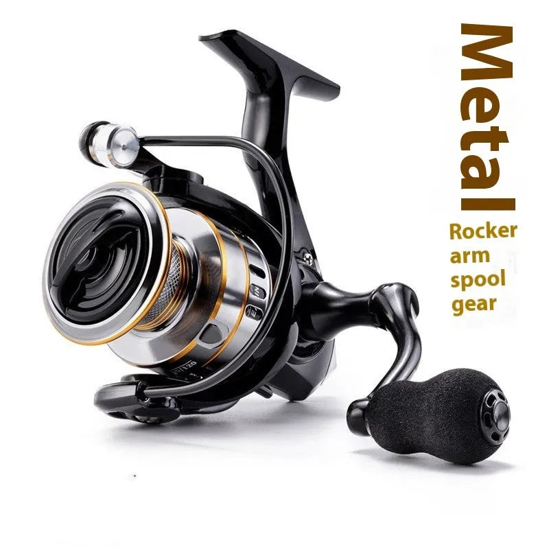 All metal spinning fishing reel with black EVA grip handle on a grey background