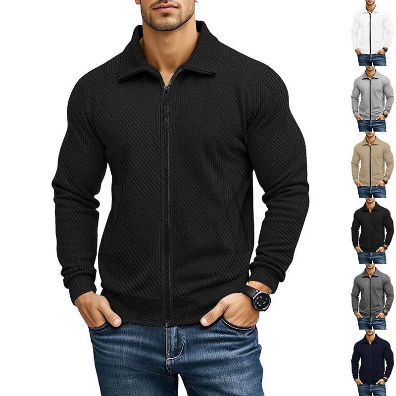 Men's solid colour casual jacket with a textured waffle turn-down collar, shown in multiple colour options.