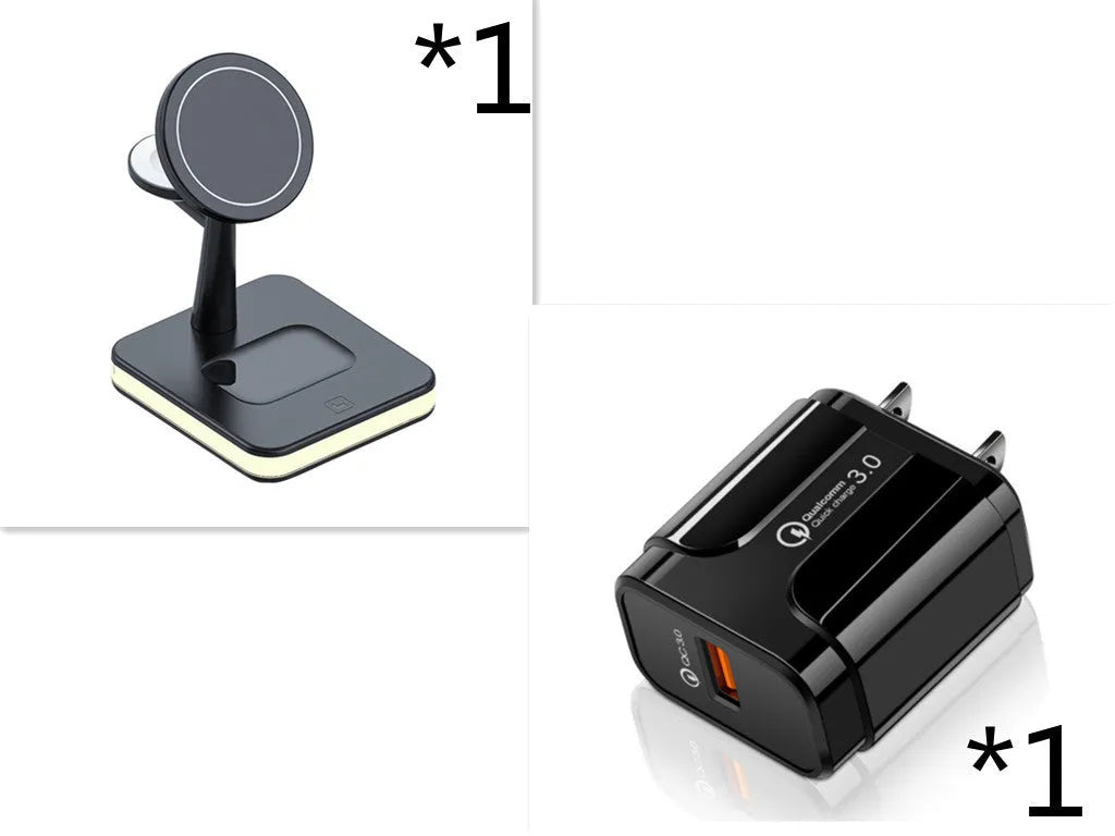 Three-in-one wireless charger magnetic bracket in black with UK plug, charging phone, watch, and headphones
