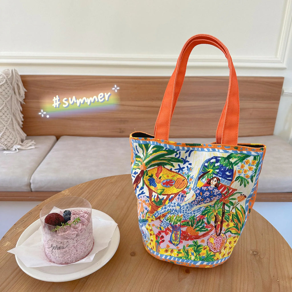 Dream garden orange plush bucket handbag with canvas lining and internal zipper compartment