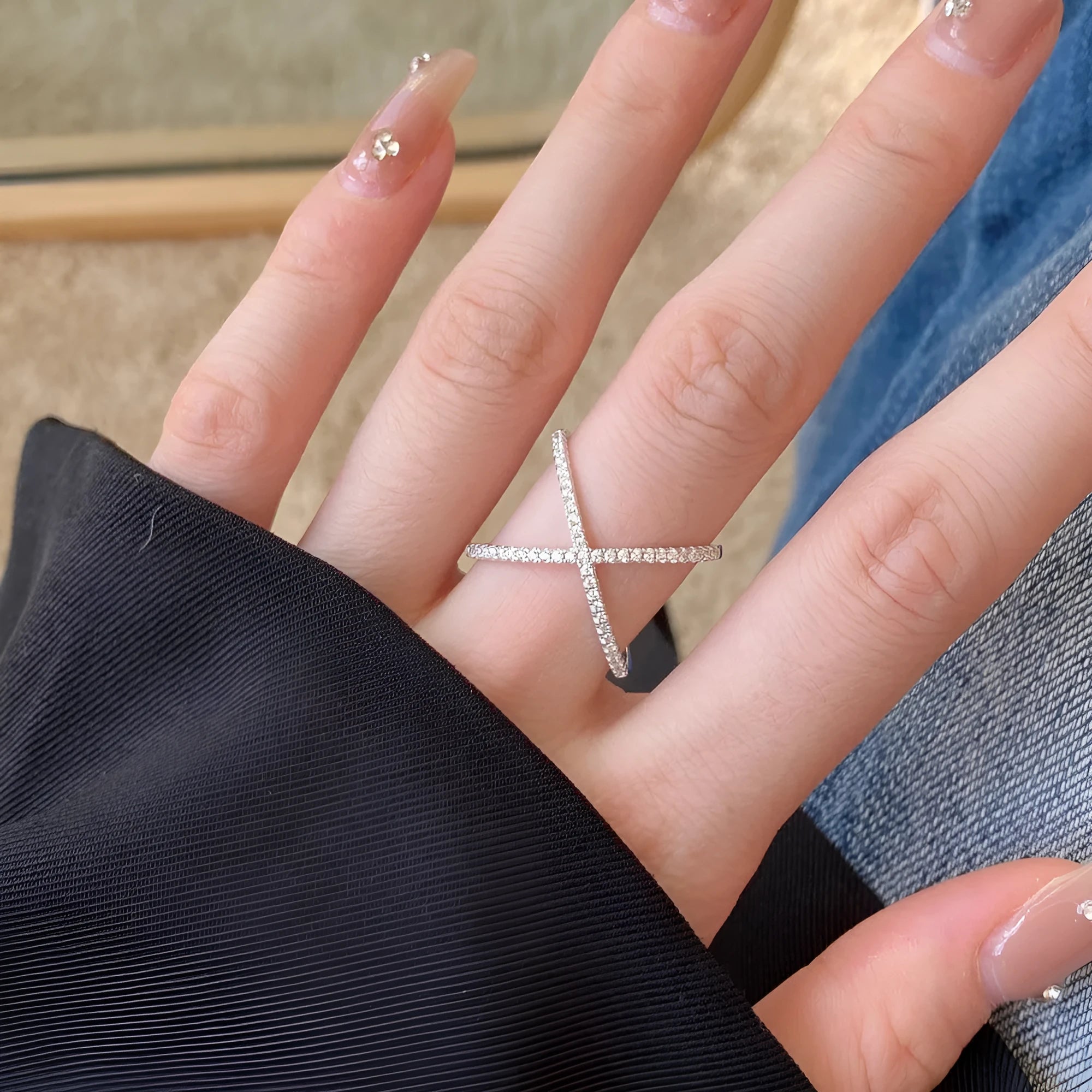Zircon inlaid cross S925 sterling silver ring for women in silver colour on white background