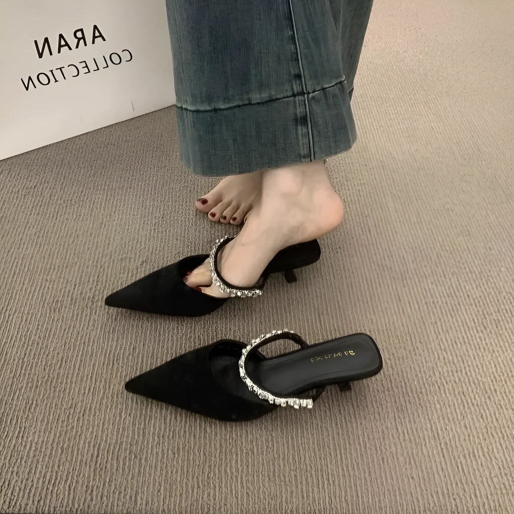 Black women's rhinestone pointed toe half slippers with suede upper and rubber sole
