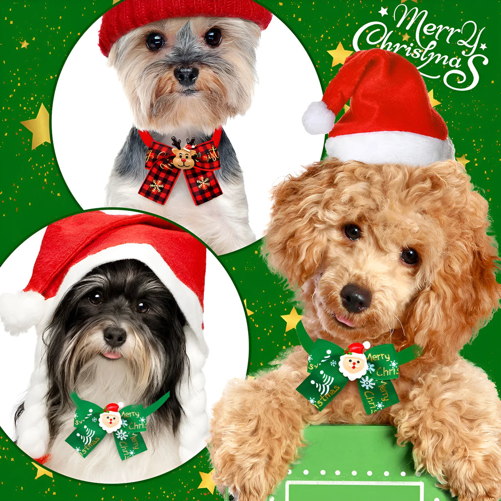 A red and green polyester pet bow tie with a British style, for Christmas decoration.