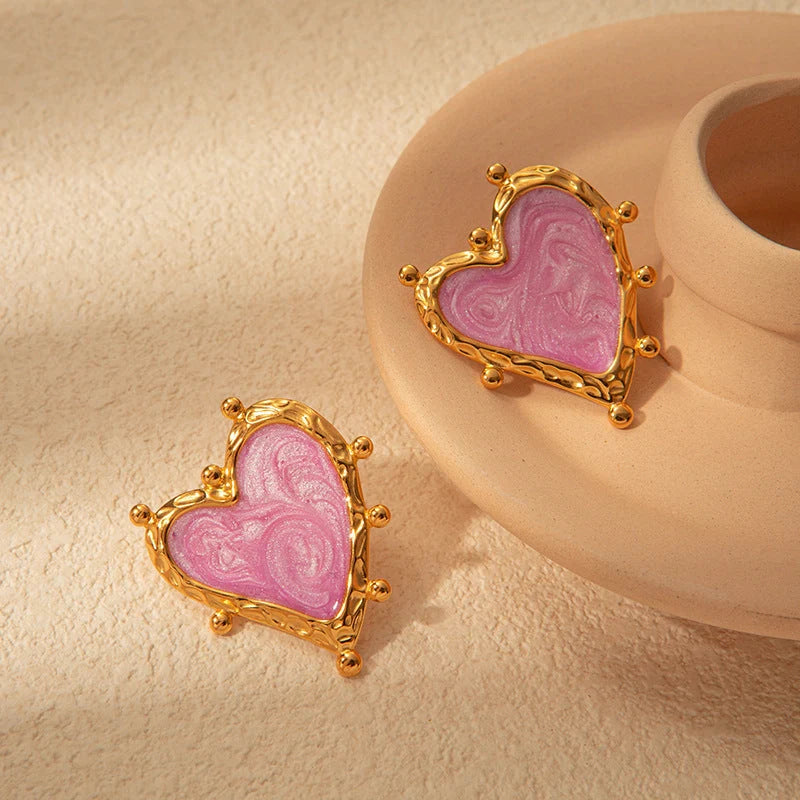 Sweet Magic Purple Love stainless steel heart ear studs in pink
