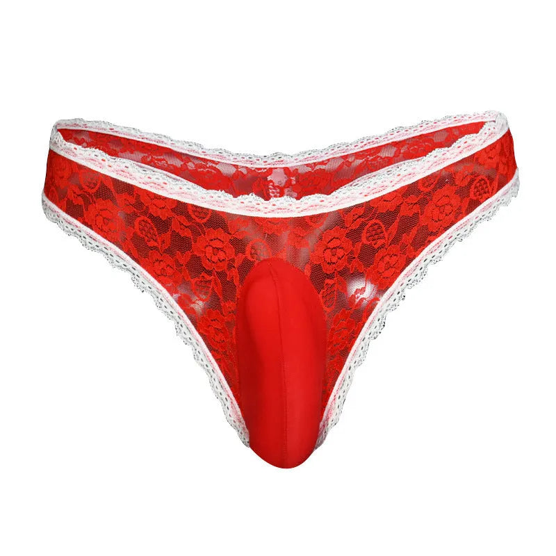 Men's lace underwear with vertical pouch support in low-waist design