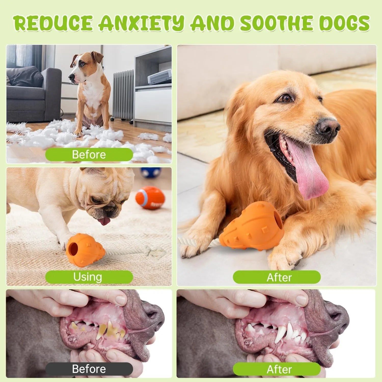 Natural rubber stuffable dog toy for small medium breeds with treat hole and long strap.