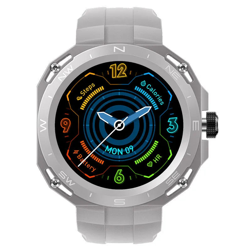 Smart watch with zinc alloy case and silicone band in midnight black, showing voice call and health monitoring features