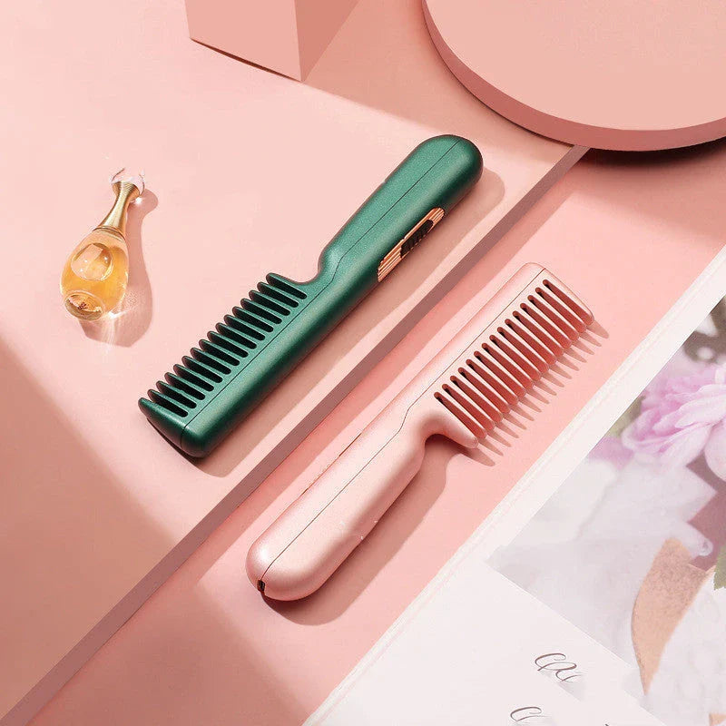 Wireless hair straightening comb with USB charging, negative ion technology, and compact design for salon-quality styling at home