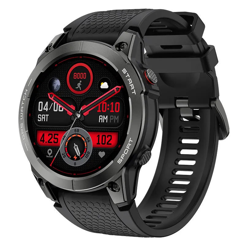 Black or orange GPS sports smart watch with 1.43 inch touch screen showing health metrics