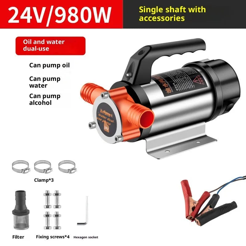 24V DC stainless steel oil water dual-use electric pump on white background