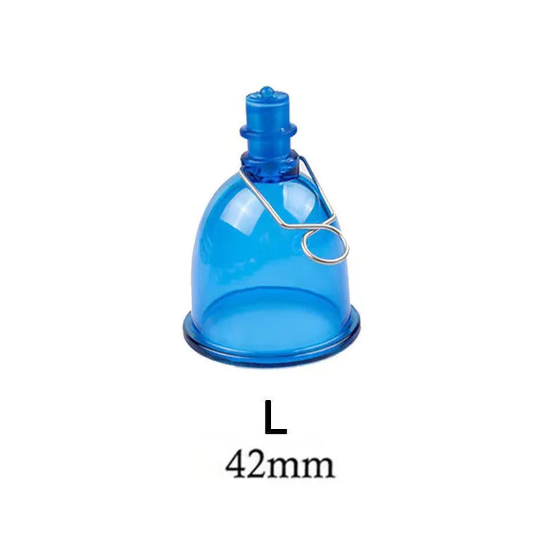 Blue silicone male masturbator cup shown in small, medium, and large size options.