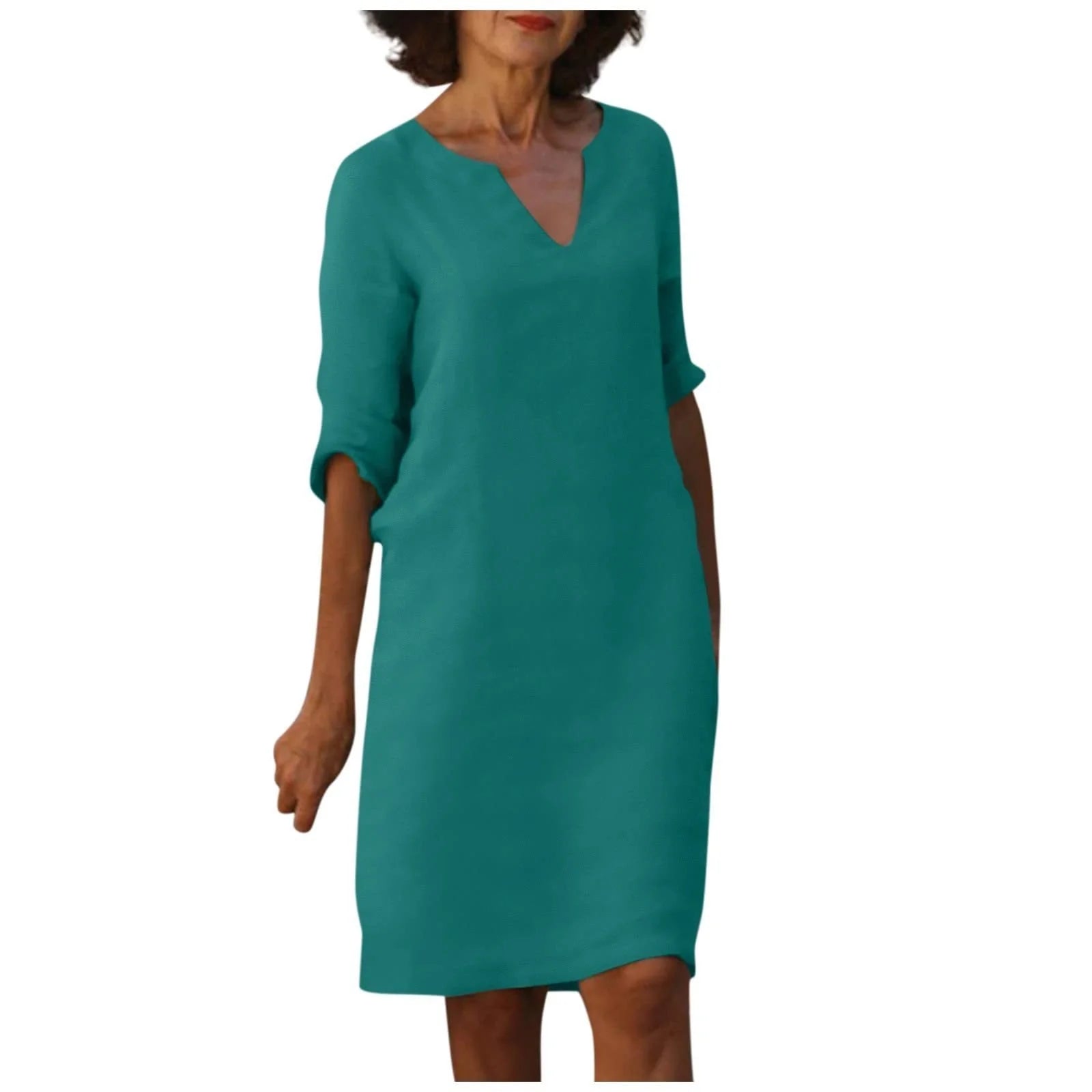 Cotton and linen V-neck dress with retro high waist design in various colours