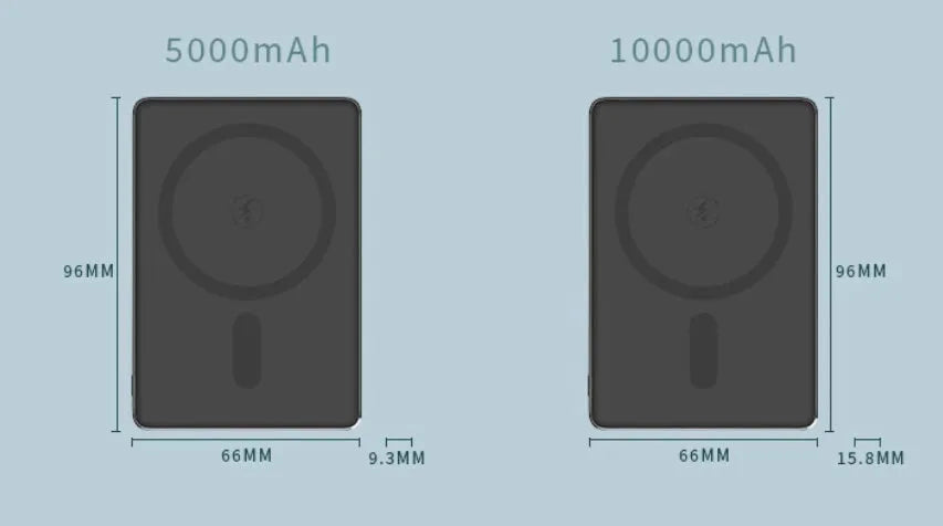Thin aluminium magnetic power bank for wireless fast charging, shown in deep space black.
