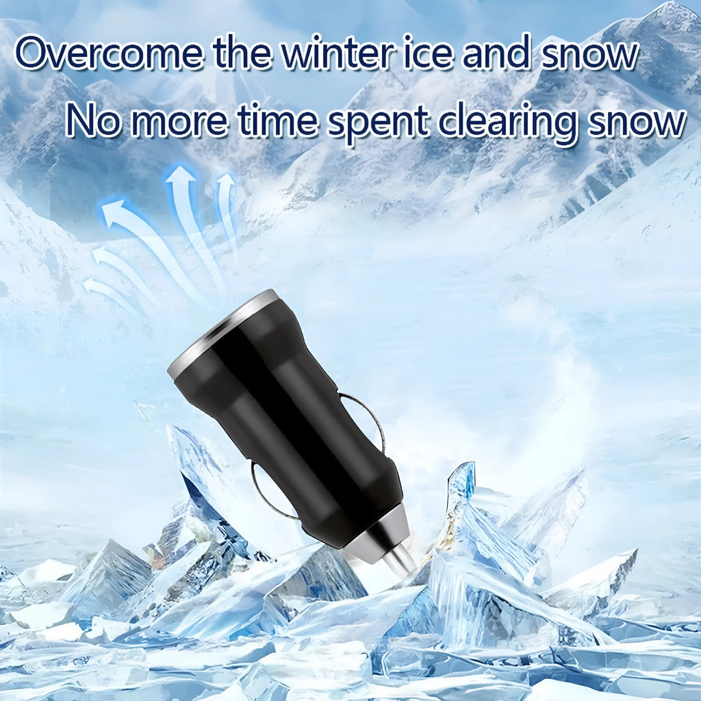 Black portable car snow melting tool and deicer charger showing compact size.