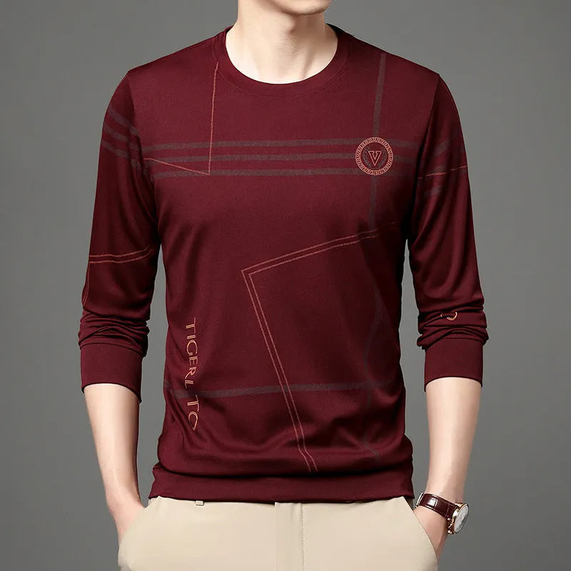 Men's round neck long sleeve t-shirt in polyester blend with letter print, available in red, grey, green, black, navy blue, and blue.