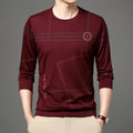 Men's round neck long sleeve t-shirt in polyester blend with letter print, available in red, grey, green, black, navy blue, and blue.