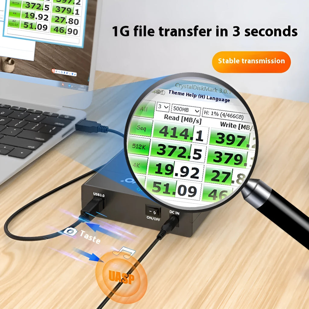 3.5 inch SATA hard disk enclosure with USB 3.0 port, sliding cover, and included power supply and cable.