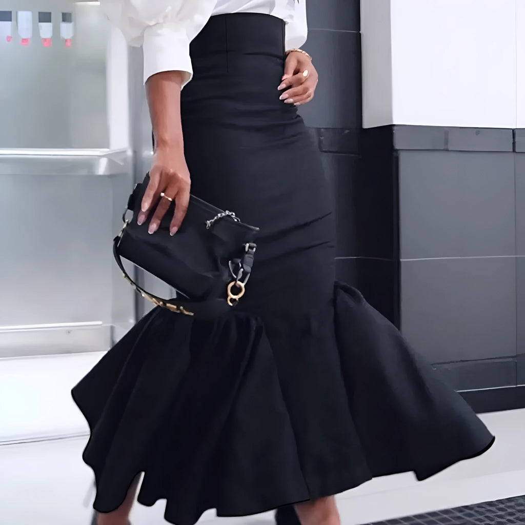 Black sheath long fishtail skirt for women with micro elastic polyester fabric