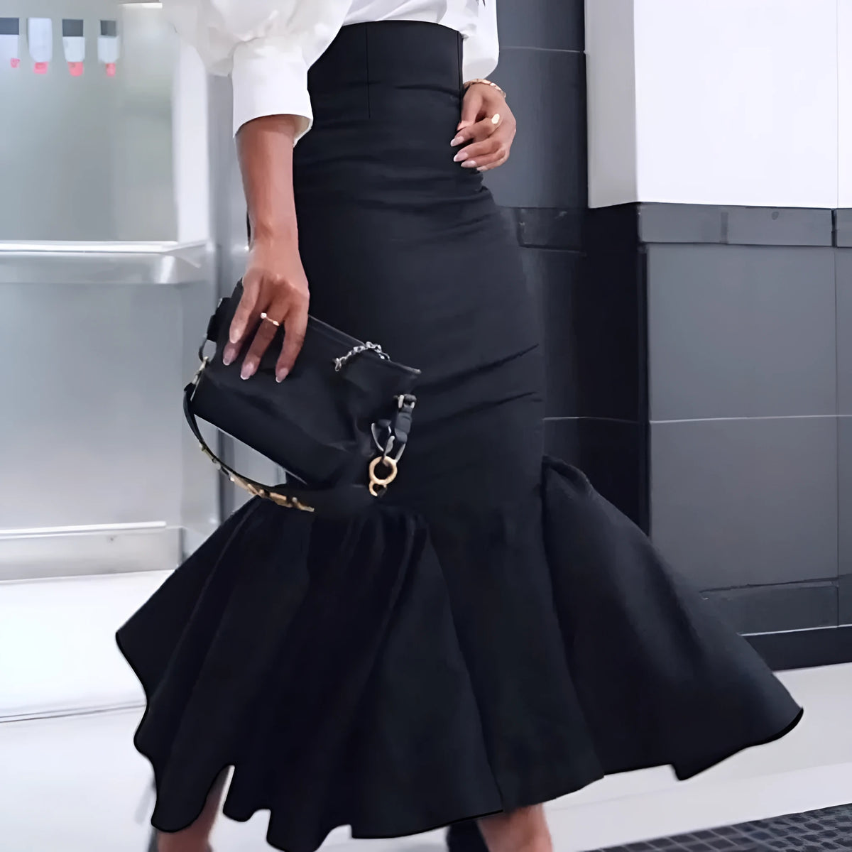 Black sheath long fishtail skirt for women with micro elastic polyester fabric