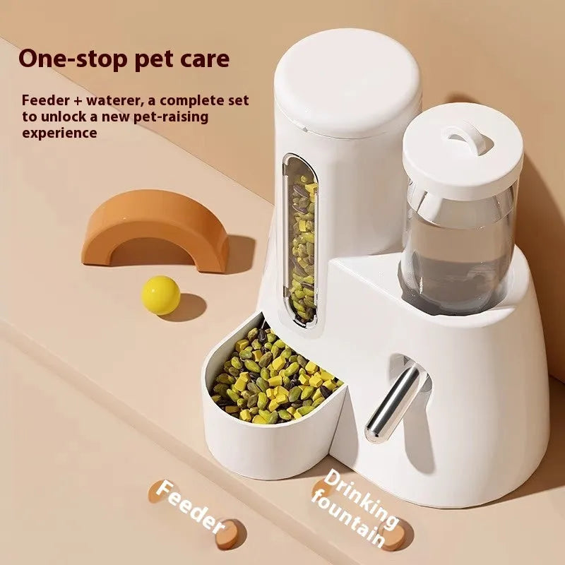 White automatic drinking water feeder and food bowl for a Djungarian hamster in a cage.