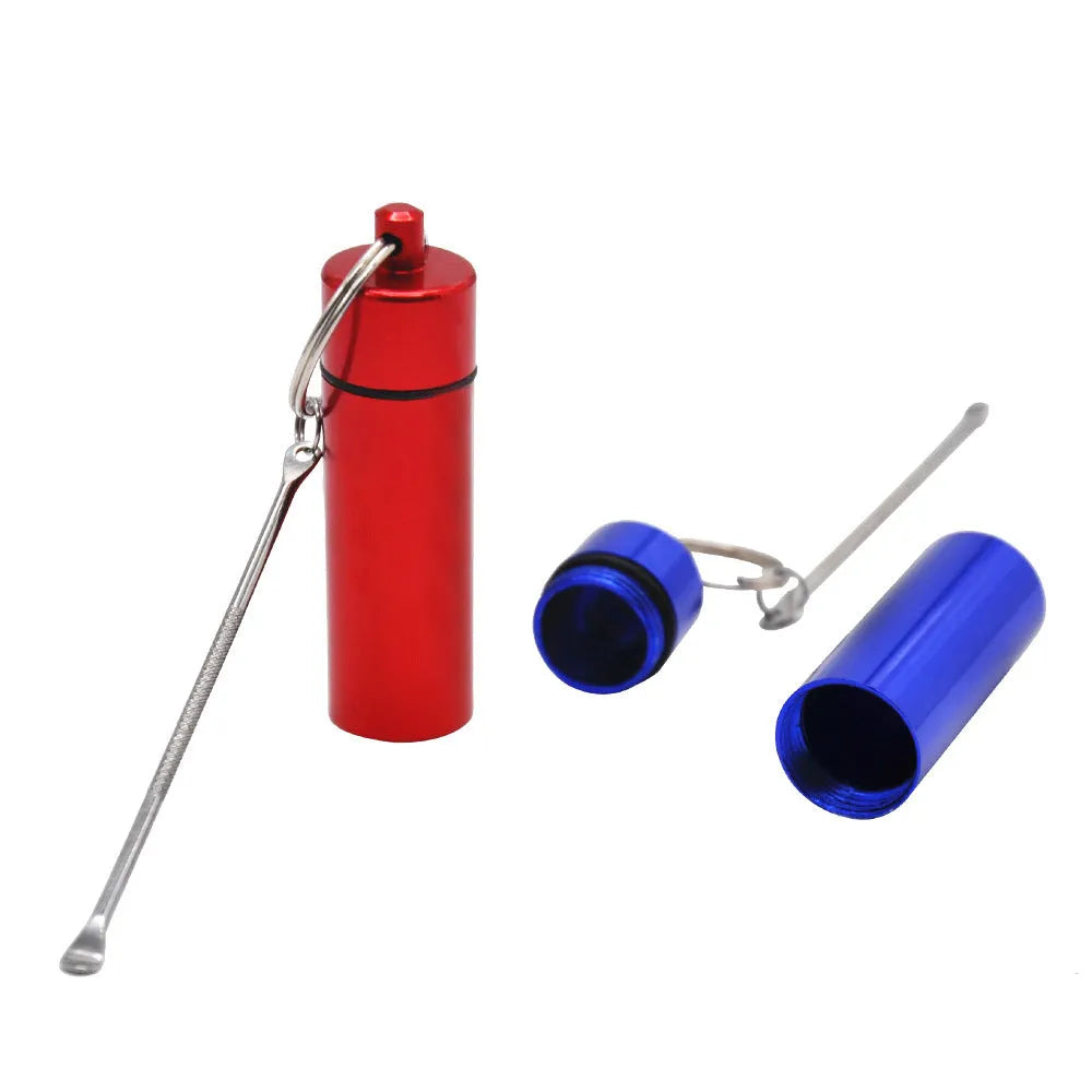 Aluminium portable medicine storage bottle with spoon and keychain in five colour options