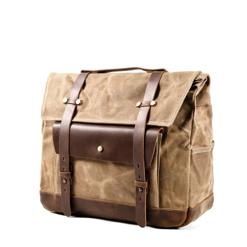 Retro cotton Knight Messenger Bag for motorcycle helmets with cable ties, shown in army green.