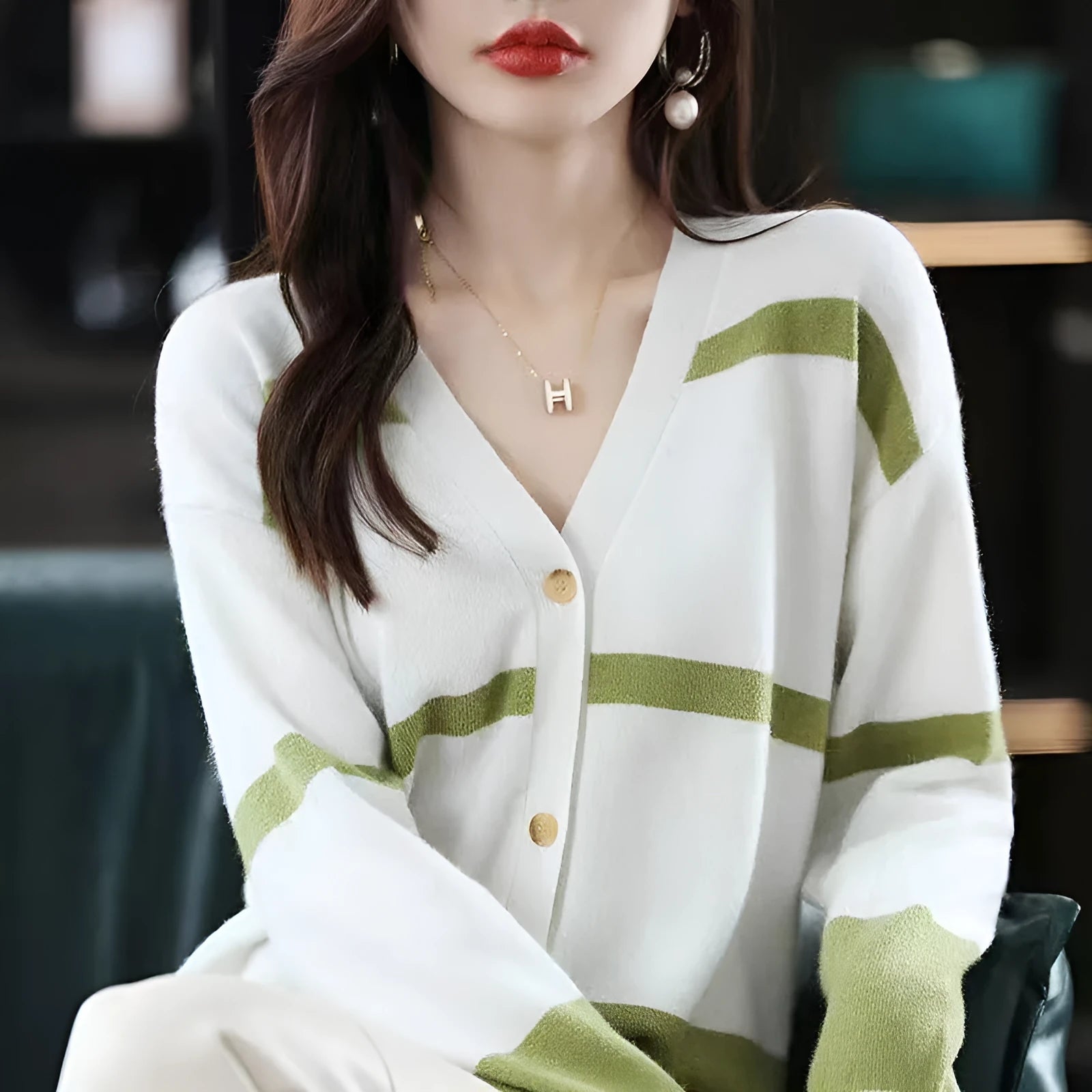 Women's striped V-neck button cardigan with 3D pattern in multiple colour options