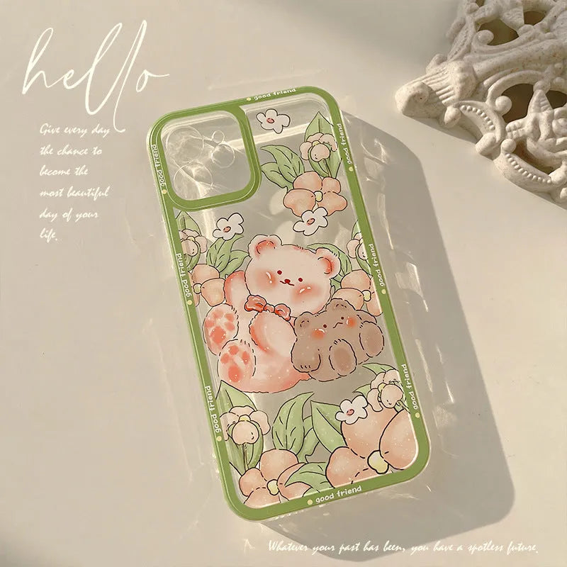 Transparent TPU phone case with hand-painted bear and floral design for iPhone 13