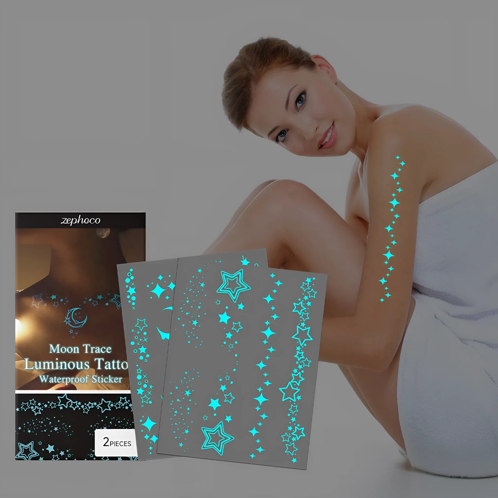Pack of two luminous tattoo stickers and a tube of tattoo paste for glow parties.