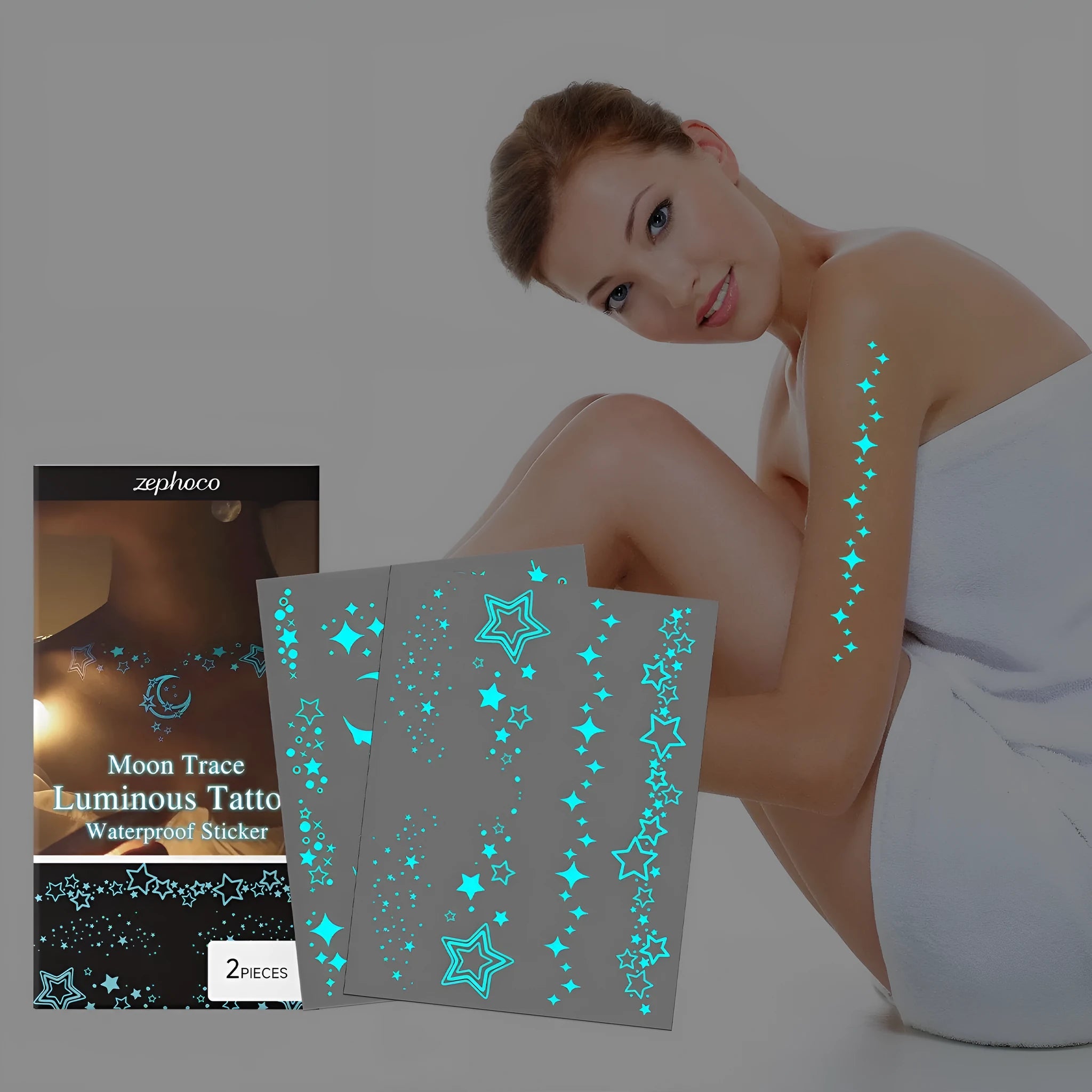 Pack of two luminous tattoo stickers and a tube of tattoo paste for glow parties.