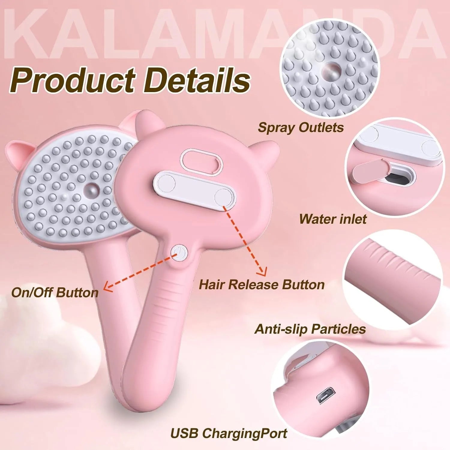 Blue pink yellow 4-in-1 pet steam brush with cat ear-shaped handle and release button
