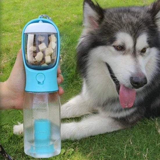 3-in-1 multifunctional pet water bottle with food feeder and waste bag dispenser in various color options