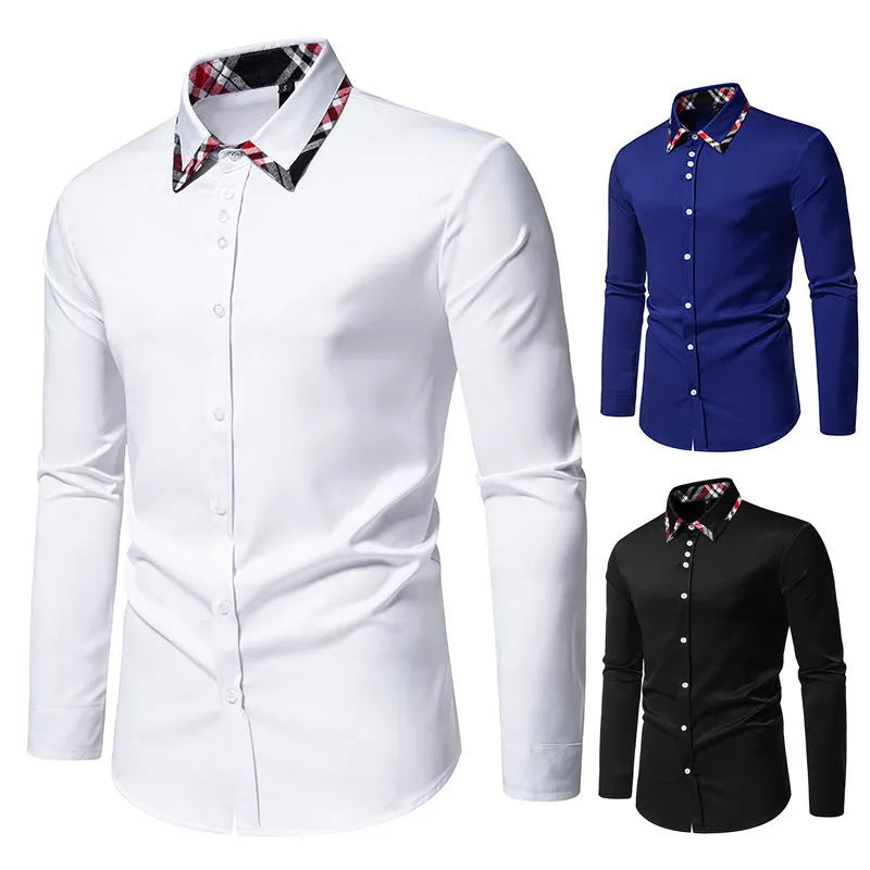 Men's casual shirt with triangle collar and plaid contrast detailing in chemical fibre blend fabric