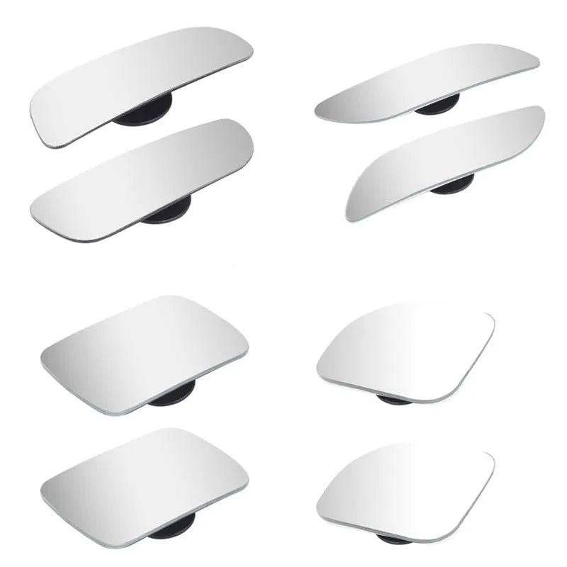 Universal adjustable car blind spot mirror with glass lens and adhesive mount shown in multiple colours.