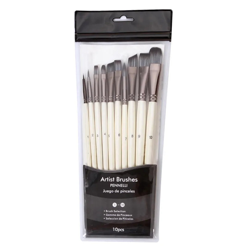 Set of 10 pearl white nylon watercolour brushes with wooden handles in a PVC bag