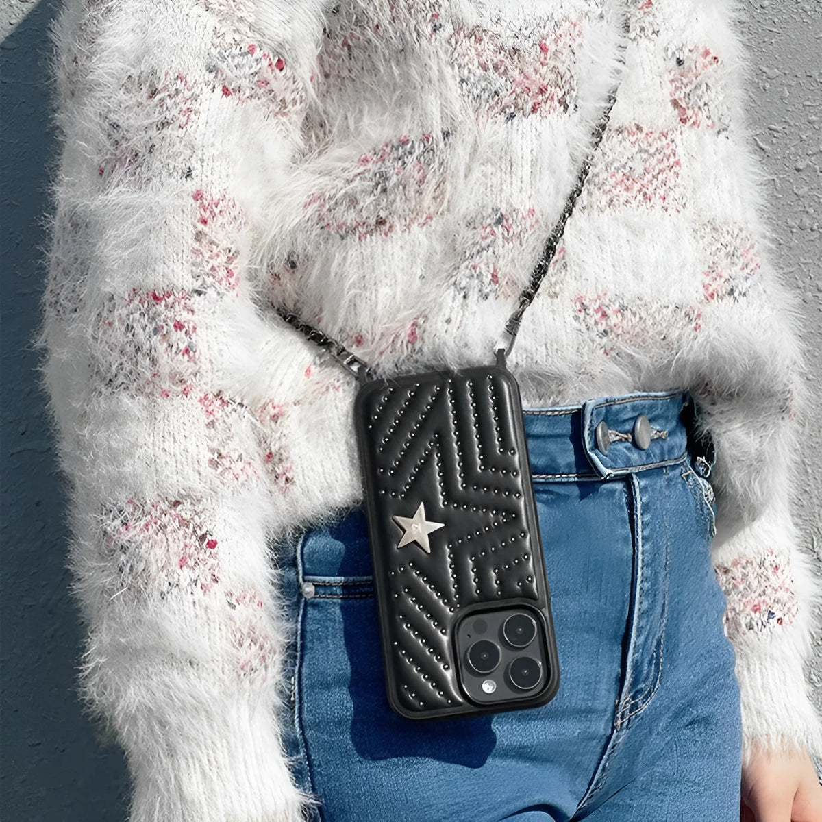 Rivet Crossbody High Sense Phone Case in black leather texture for iPhone 14 Pro Max, anti-fall protective shell
