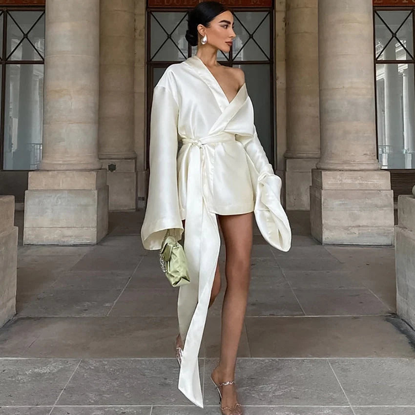 Minority V-neck Lace-up Satin Dress in champagne colour, showcasing A-line silhouette and lace-up detail