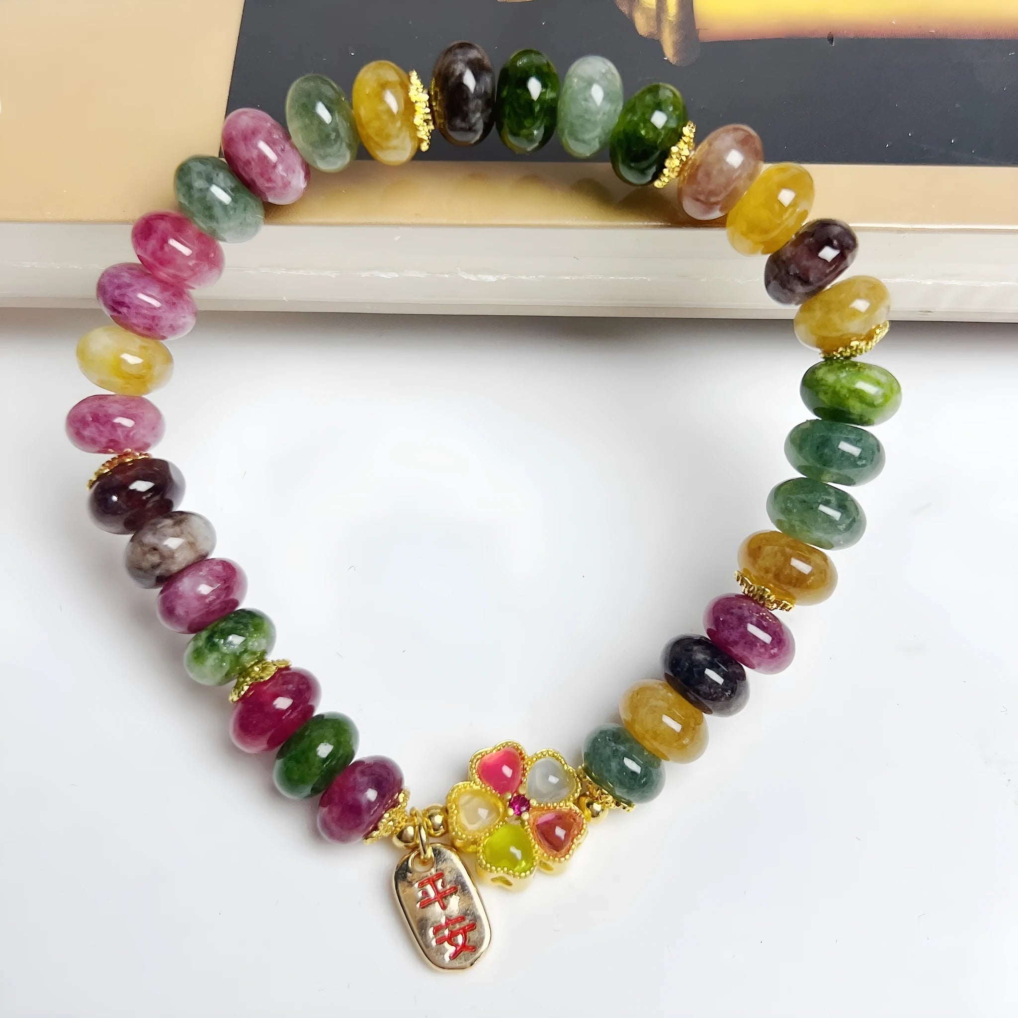 Colourful artificial crystal abacus bead bracelet for women with tourmaline-inspired design and hand-finished details